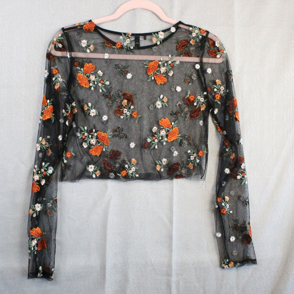 Express Floral Embroidered Mesh Crop Top Small Black Boho Y2K Whimsigoth Sheer